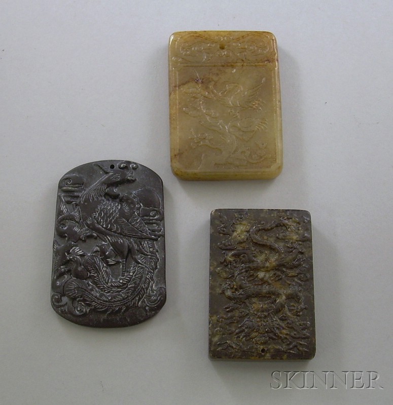 Appraisal: Three Jade Pendants a square depiction of a bird a