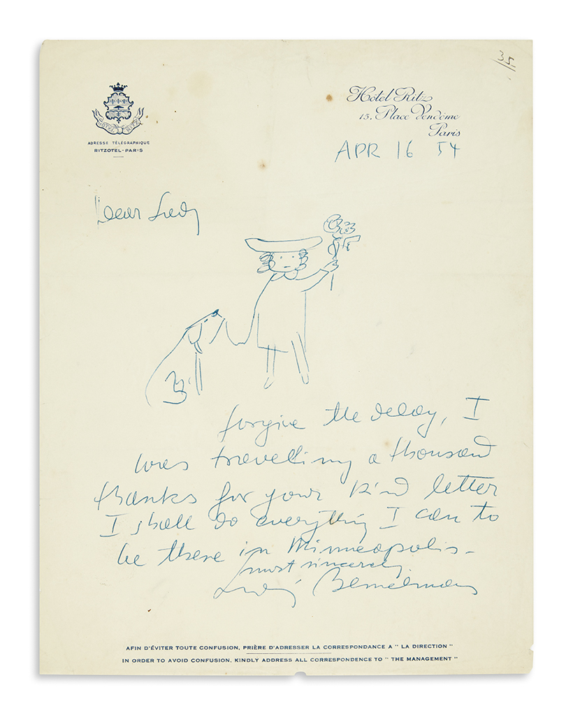 Appraisal: MADELINE GIVES FLOWERS TO LADY MENDL BEMELMANS LUDWIG Illustrated Autograph