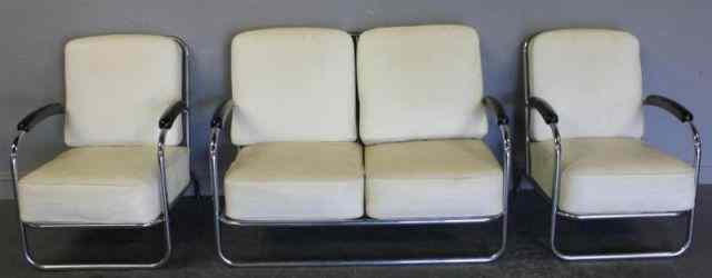 Appraisal: Three Piece Art Deco Chrome Upholstered Set Includes a settee