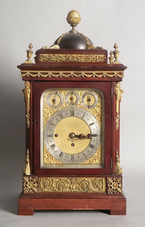 Appraisal: Massive musical bracket clock with a three-train nine-bell movement the