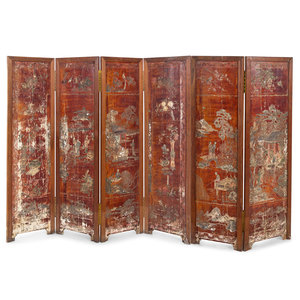 Appraisal: A Chinese Lacquer Six-Panel Floor Screen th Century Height x