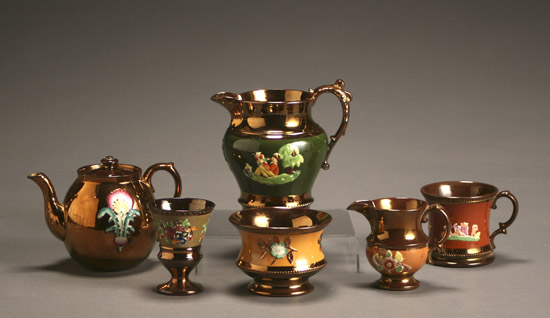 Appraisal: Group of Six English Polychrome Decorated and Molded Copper Lustre