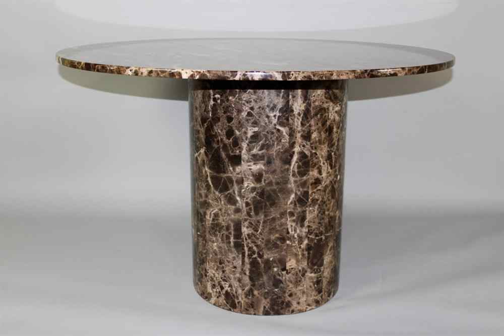 Appraisal: CUSTOM BROWN AND WHITE MARBLE CIRCULAR DINING TABLE WITH PEDESTAL