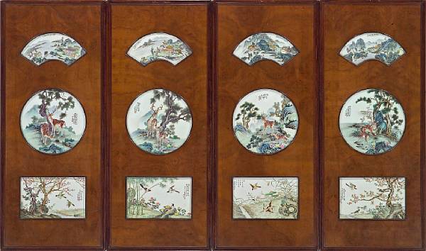 Appraisal: A set of four mixed wood wall panels inset with