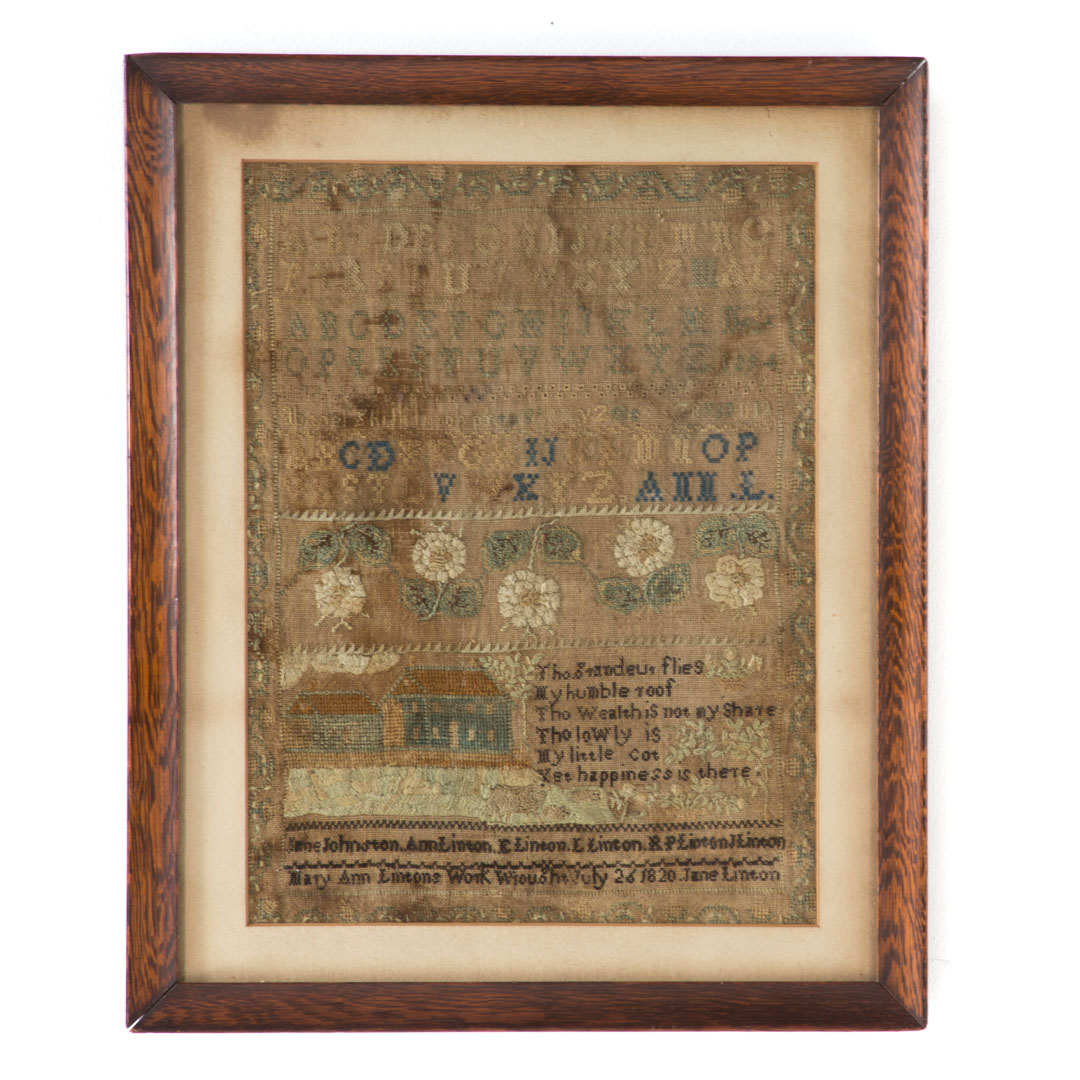 Appraisal: The Linton family needlework sampler dated July featuring alphabet flowers