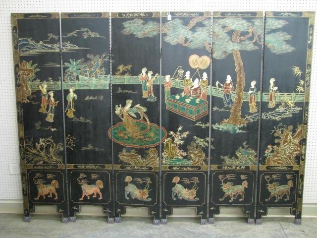 Appraisal: Six panel vintage Japanese screen with Cloisonne foot caps '