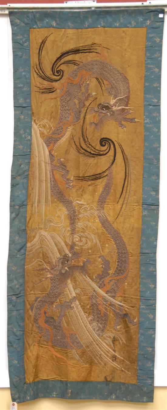 Appraisal: HANGINGANTIQUE CHINESE EMBROIDERED TAPESTRY DEPICTING DRAGONS SOME STAINING AND SOME