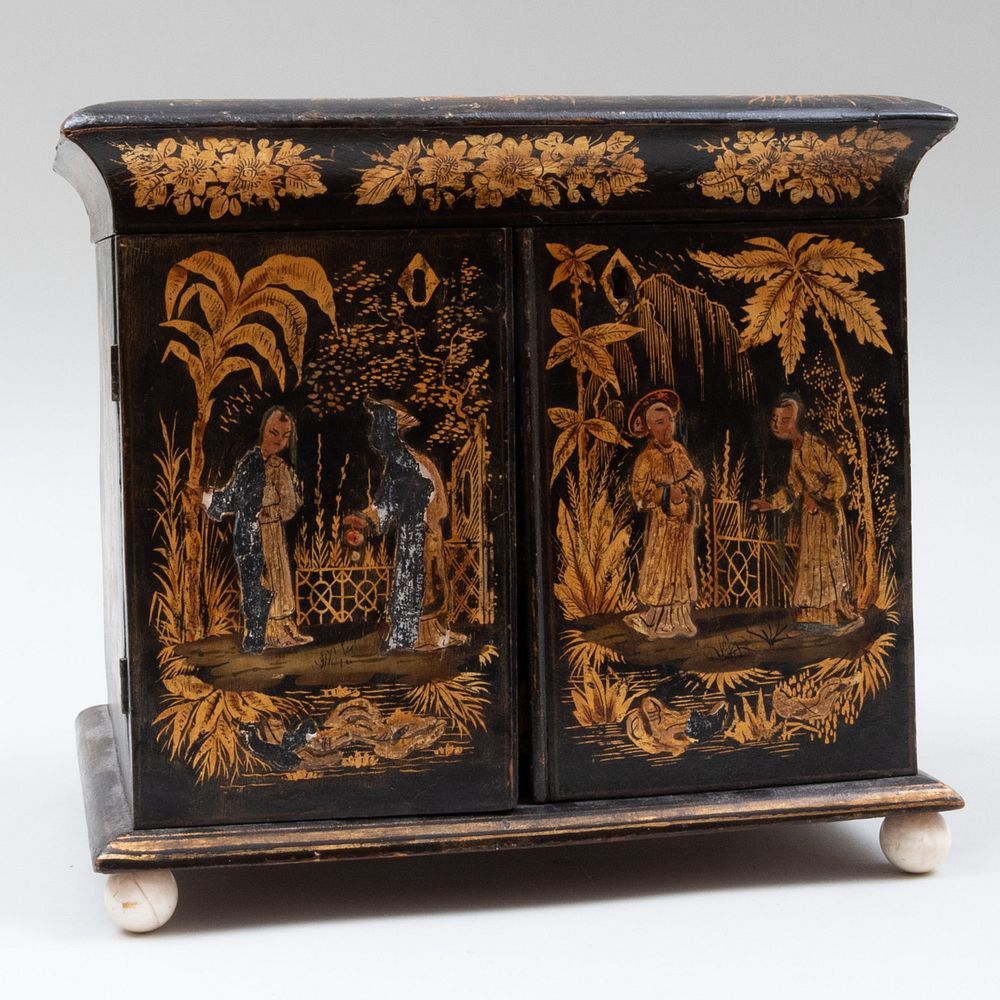 Appraisal: Early Victorian Parcel-Gilt Japanned Jewelry Cabinet With hinged cover and