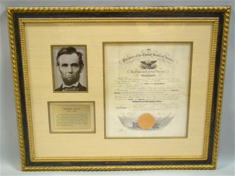 Appraisal: ABRAHAM LINCOLN SIGNED PRESIDENTIAL DOCUMENT Partially printed naval commission SIGNED