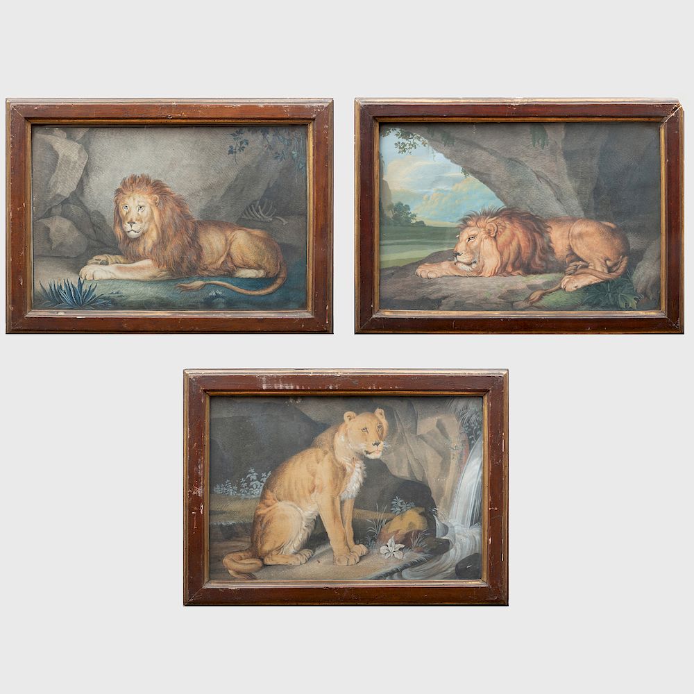 Appraisal: English School Recumbent Lion in a Cave Seated Lioness in