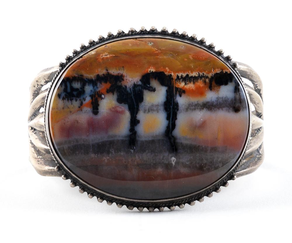 Appraisal: NAVAJO PETRIFIED WOOD AND SILVER CUFF BRACELET MID- TH CENTURY