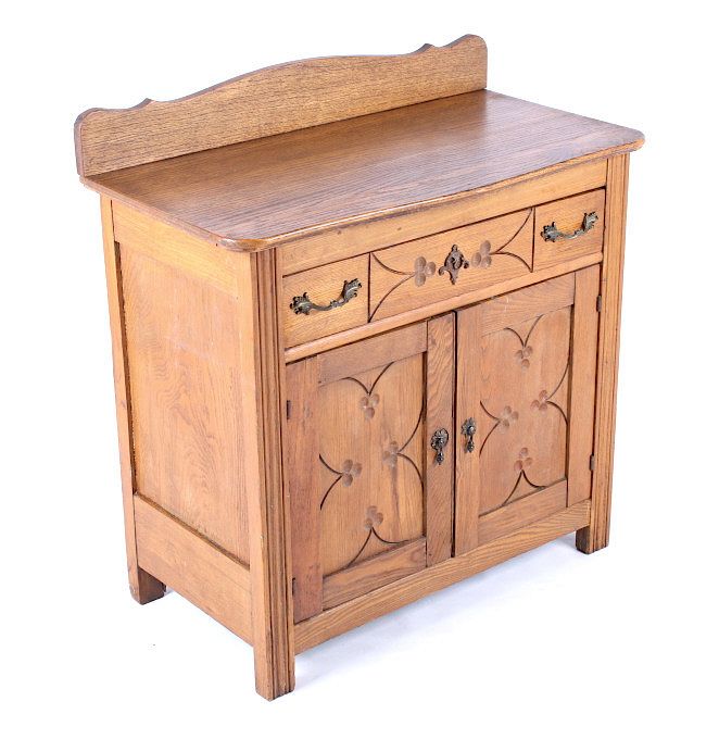 Appraisal: Antique Spoon Carved Oak Wash Basin Cabinet Offered for sale