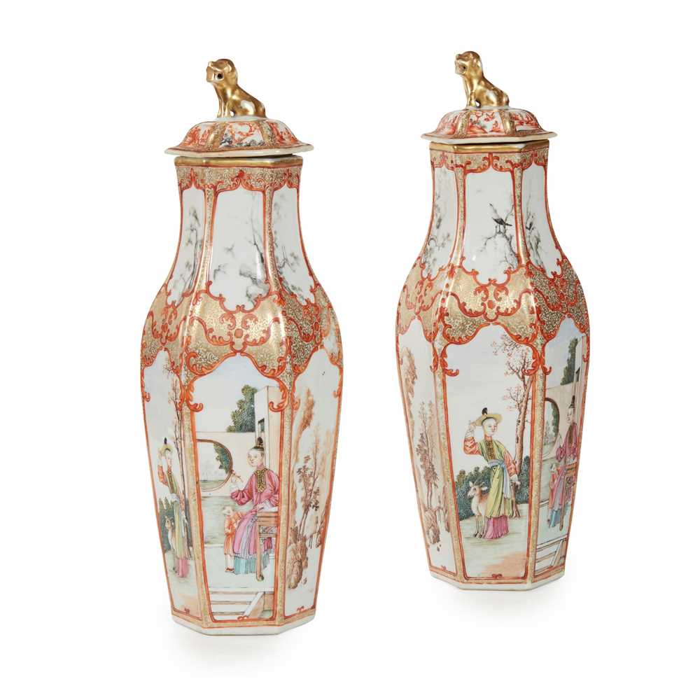 Appraisal: A PAIR OF CHINESE FAMILLE ROSE PORCELAIN HEXAGONAL COVERED VASES