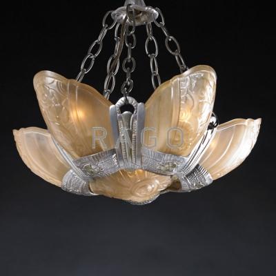 Appraisal: ART DECO Frosted glass and cast aluminum chandelier USA ca