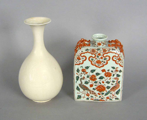 Appraisal: Chinese red and green flask together with an ivory pottery