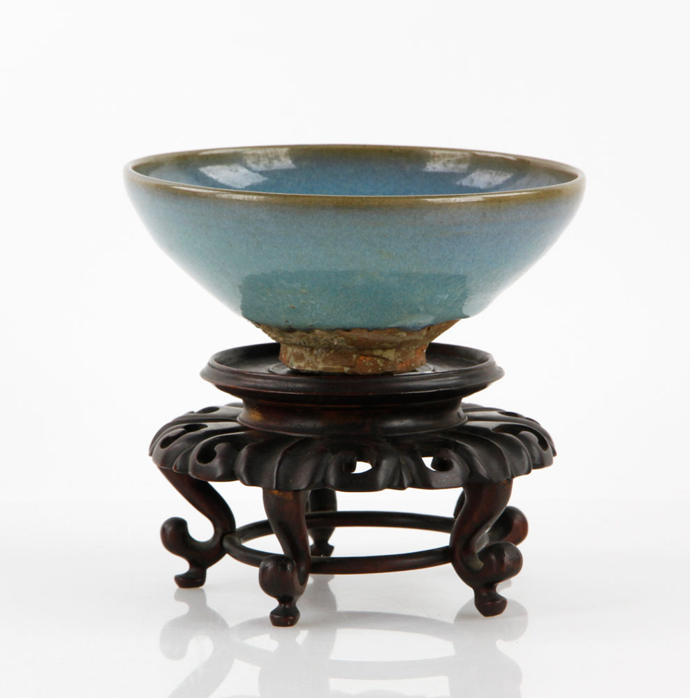 Appraisal: - Chinese Jun Ware Bowl Jun ware bowl on wood