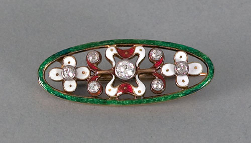 Appraisal: K yellow gold enamel and diamond bar pin with seven