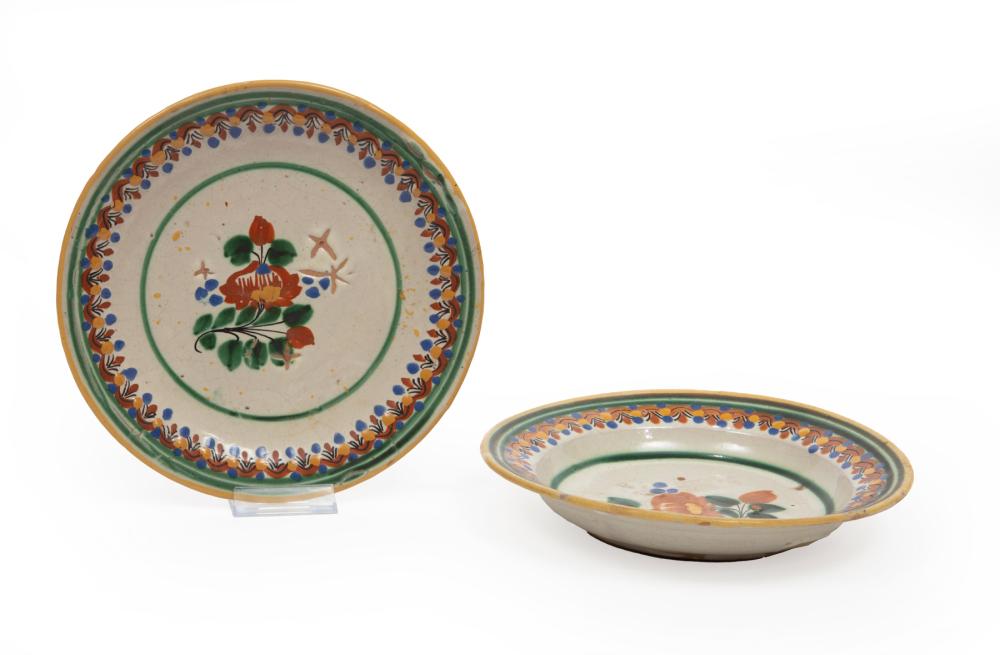 Appraisal: Mexican Hand-Painted Earthenware Bowl and Underplate decorated with centered floral