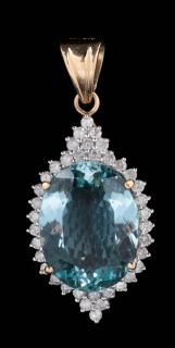 Appraisal: A K GOLD AQUAMARINE PENDANT WITH DIAMONDS A large faceted