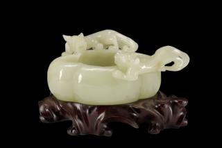 Appraisal: Chinese Celadon Jade Brush Washer on Stand A Chinese celadon