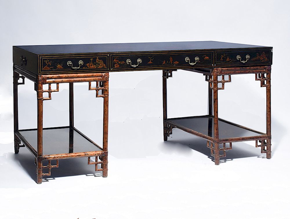 Appraisal: Chinoiserie painted lacquer style desk on decorated bamboo base Chinoiserie