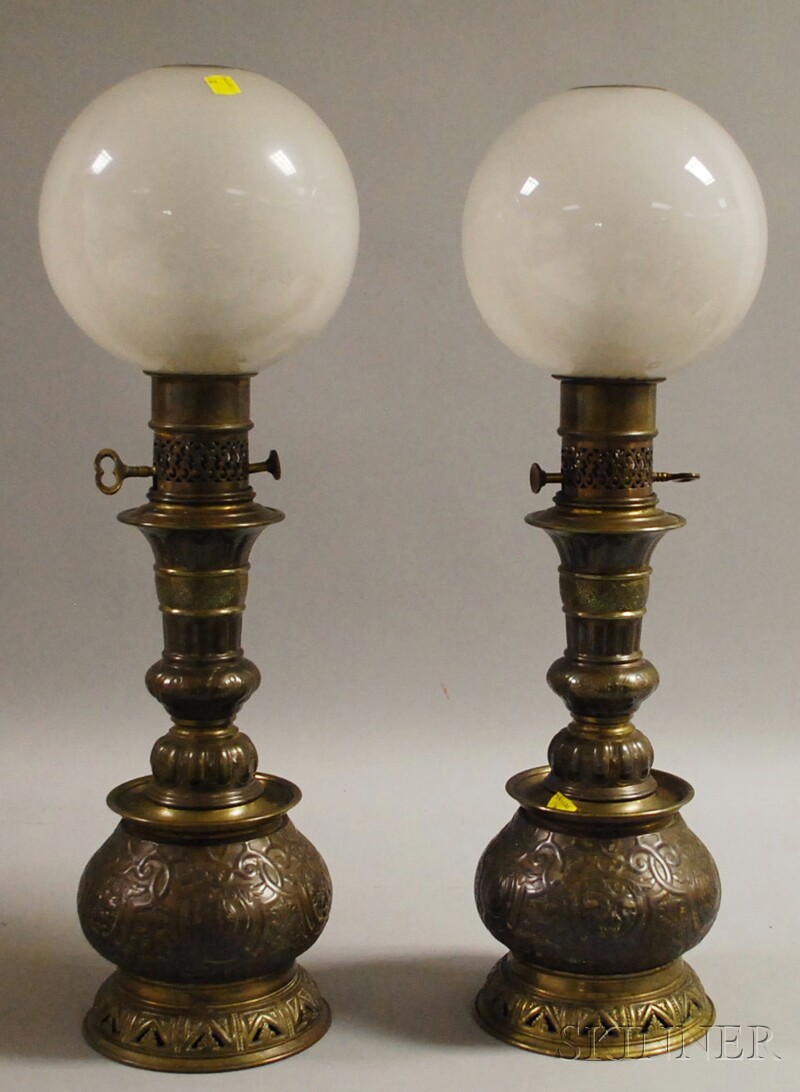 Appraisal: Pair of Gagneau Victorian Pressed and Cast Brass Oil Lamps