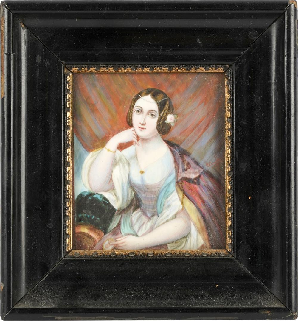 Appraisal: PORTRAIT MINIATURE OF A LADYunsigned in an ebonized wood frame