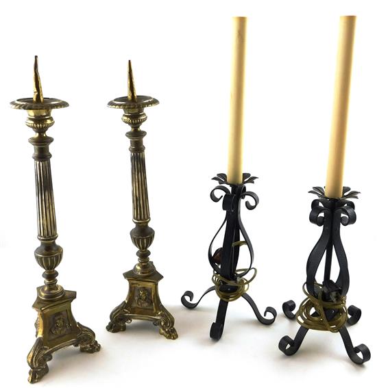 Appraisal: Two pairs of candlesticks pair of th C gilt brass