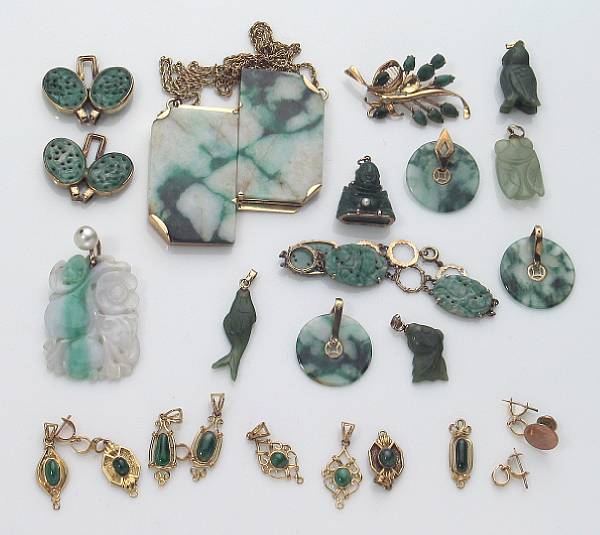 Appraisal: A collection of jade stone and gold jewelry including eleven