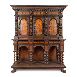 Appraisal: An Italian Baroque Style Carved Walnut and Marquetry Cabinet on