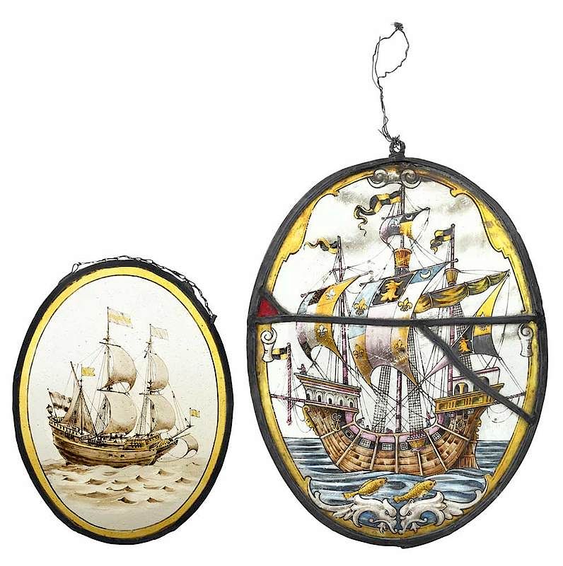 Appraisal: Two Painted Glass Maritime Scenes Continental probably th th century