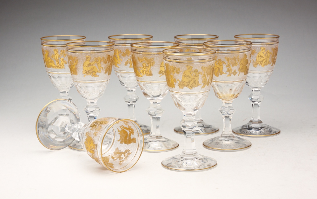 Appraisal: NINE VAL ST LAMBERT DESSERT WINE GLASSES Belgium first half