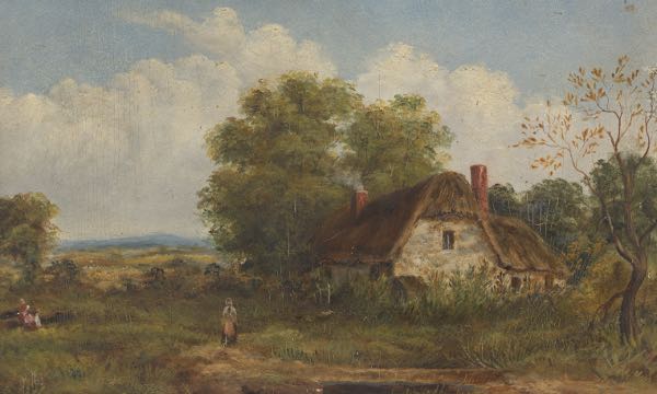 Appraisal: HUBERT VON HERKOMER - x Thatched cottage landscape Oil on