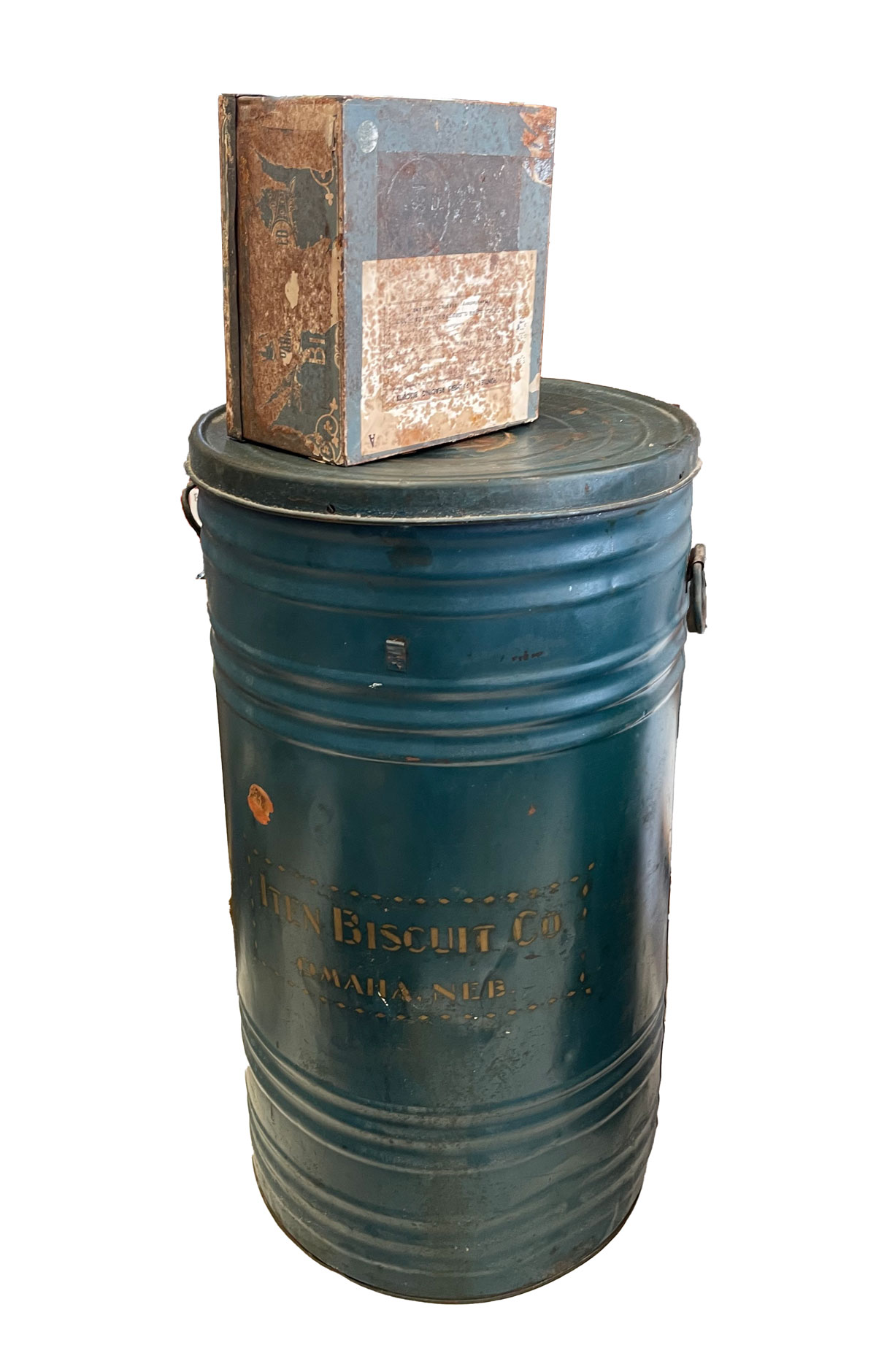 Appraisal: ANTIQUE BISCUIT TINS Larger green tin measure '' h x