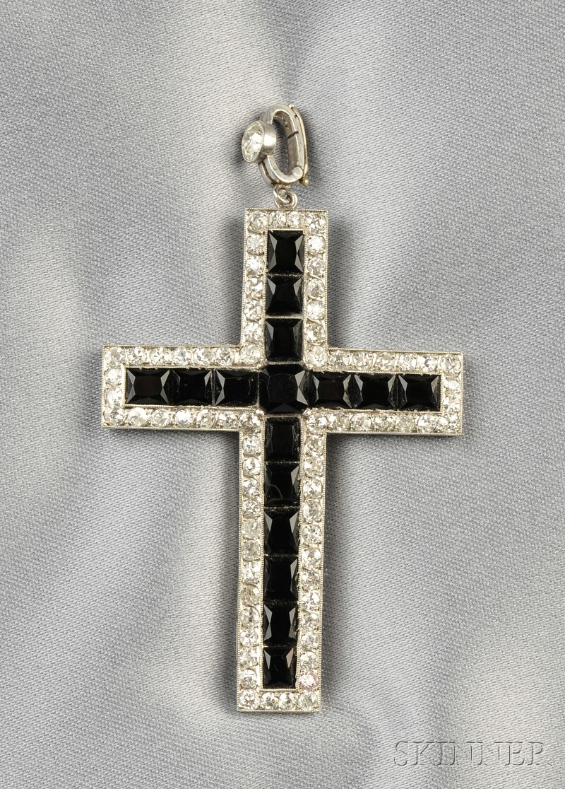 Appraisal: Art Deco Platinum Onyx and Diamond Pendant Cross Retailed by