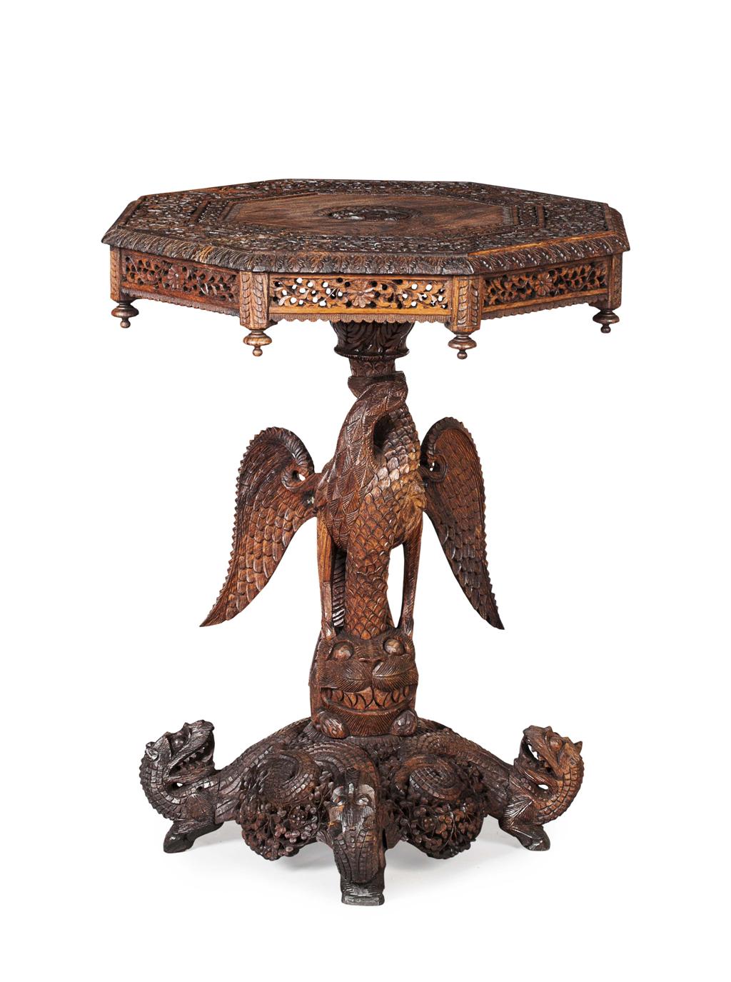 Appraisal: BURMESE CARVED PADOUK PEDESTAL TABLE EARLY TH CENTURY the hexagonal