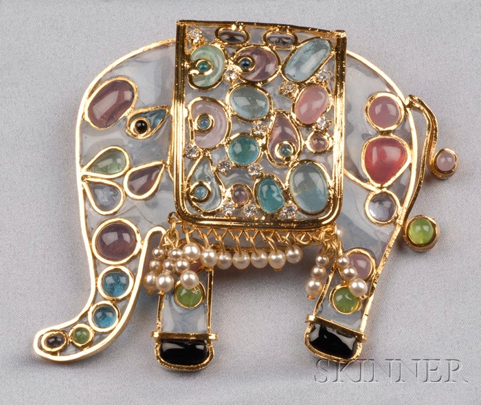 Appraisal: Colored Glass Elephant Pendant Brooch Maison Gripoix c s set