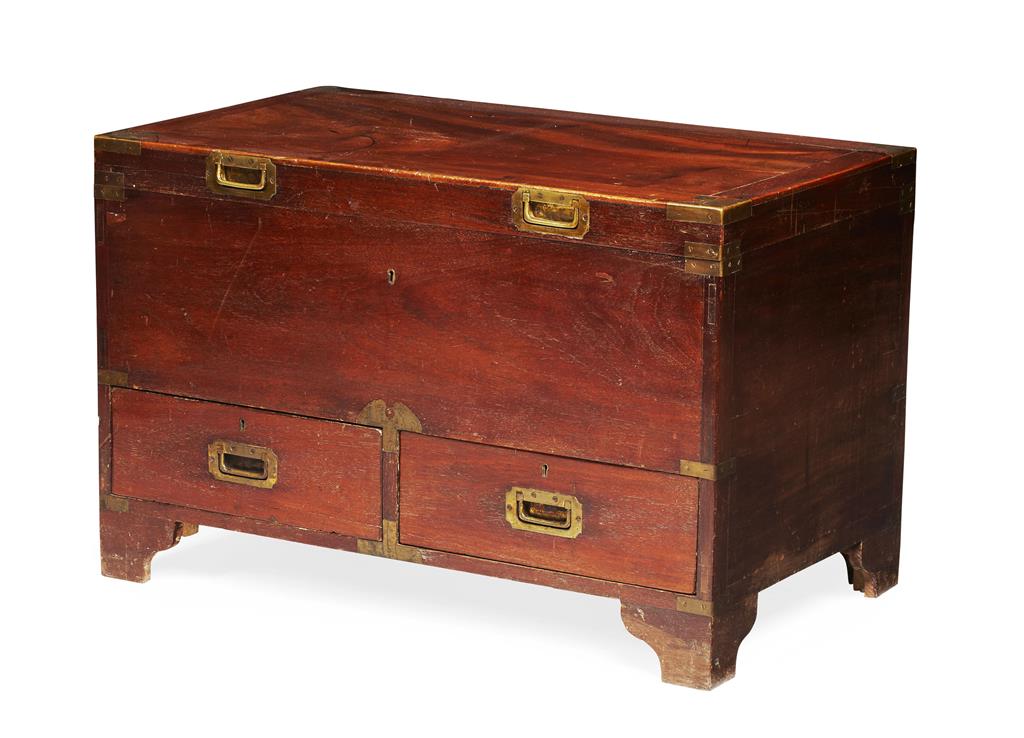 Appraisal: TEAK AND BRASS MOUNTED CAMPAIGN CHEST TH CENTURY the hinged