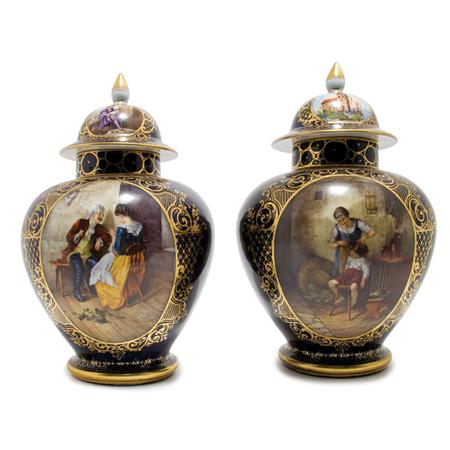 Appraisal: Pair of Dresden Gilt Decorated Porcelain Urns Estimate -