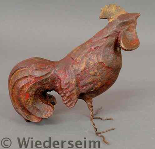 Appraisal: Paint decorated carved rooster with wire legs and feet th