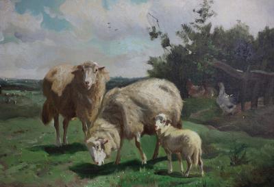 Appraisal: Barbizon School Sheep and Chickens in a Landscape indistinctly signed