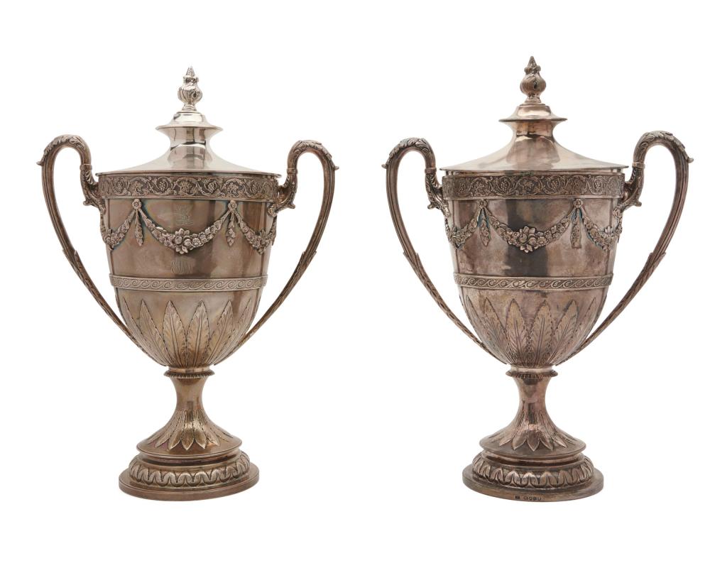 Appraisal: Two Matching Neo-Classical Style Silver Covered Two Handled Urns one