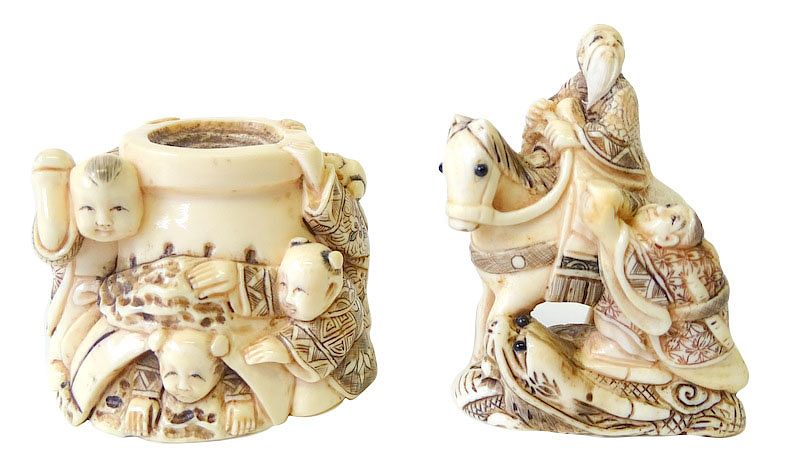 Appraisal: Two Chinese Carved Netsuke Groups Two Chinese Carved Ivory Netsuke