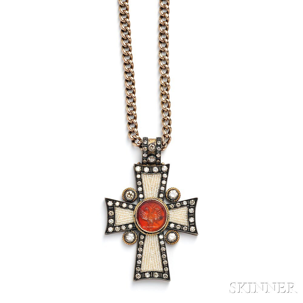 Appraisal: Carnelian Intaglio Diamond and Seed Pearl Cross Pendant centering an