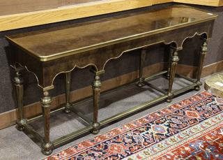 Appraisal: Hollywood Regency brass and faux burl console table Hollywood Regency