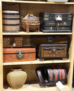 Appraisal: Chinese Baskets and Boxes lot of Three shelves of Chinese