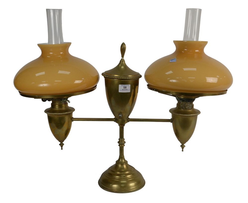 Appraisal: Bradley and Hubbard Double Brass Student Lamp having carmel glass