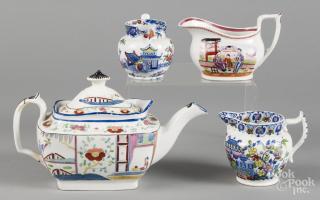 Appraisal: Four pieces of English chinoiserie decorated porcelain th c teapot