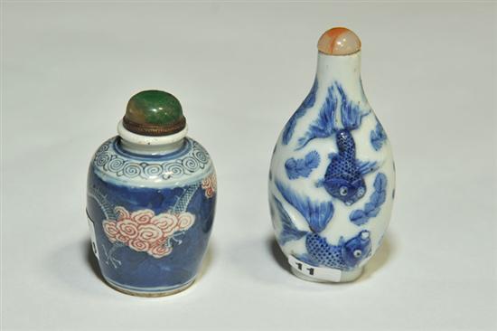 Appraisal: TWO SNUFF BOTTLES Both in blue and white porcelain One