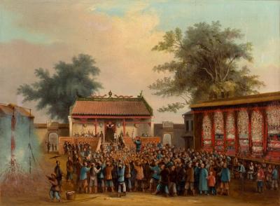 Appraisal: th Century Chinese School A Gathering a figure lighting fireworks